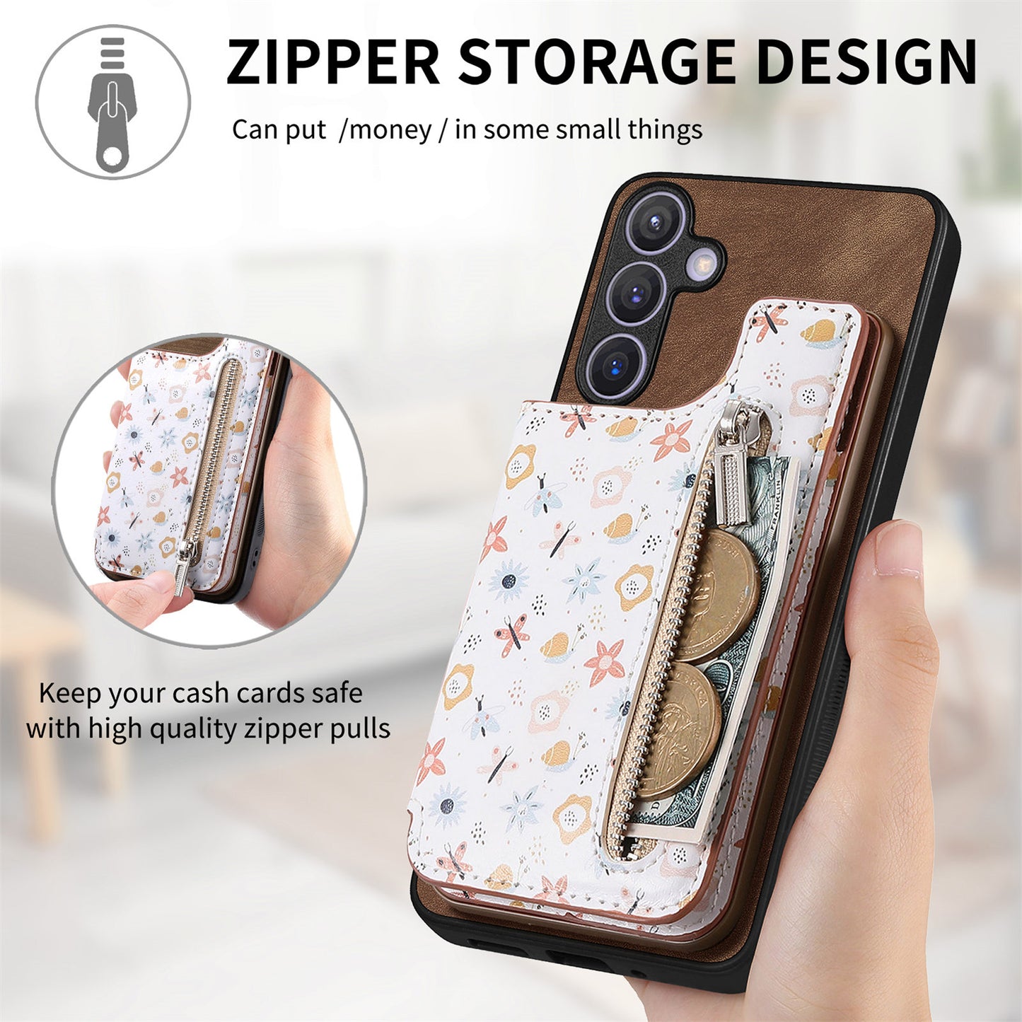 D10 For Samsung Galaxy S24+ Cell Phone Case Pattern Printing Card Bag Zipper Wallet Cover - Brown