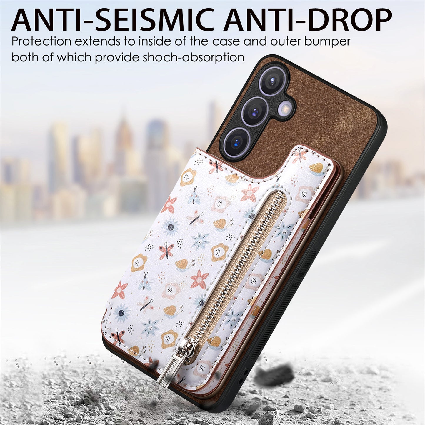 D10 For Samsung Galaxy S24+ Cell Phone Case Pattern Printing Card Bag Zipper Wallet Cover - Brown