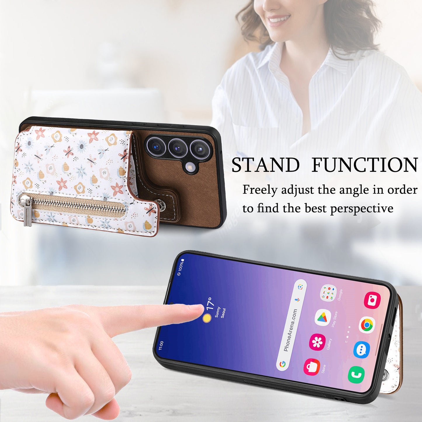 D10 For Samsung Galaxy S24+ Cell Phone Case Pattern Printing Card Bag Zipper Wallet Cover - Brown