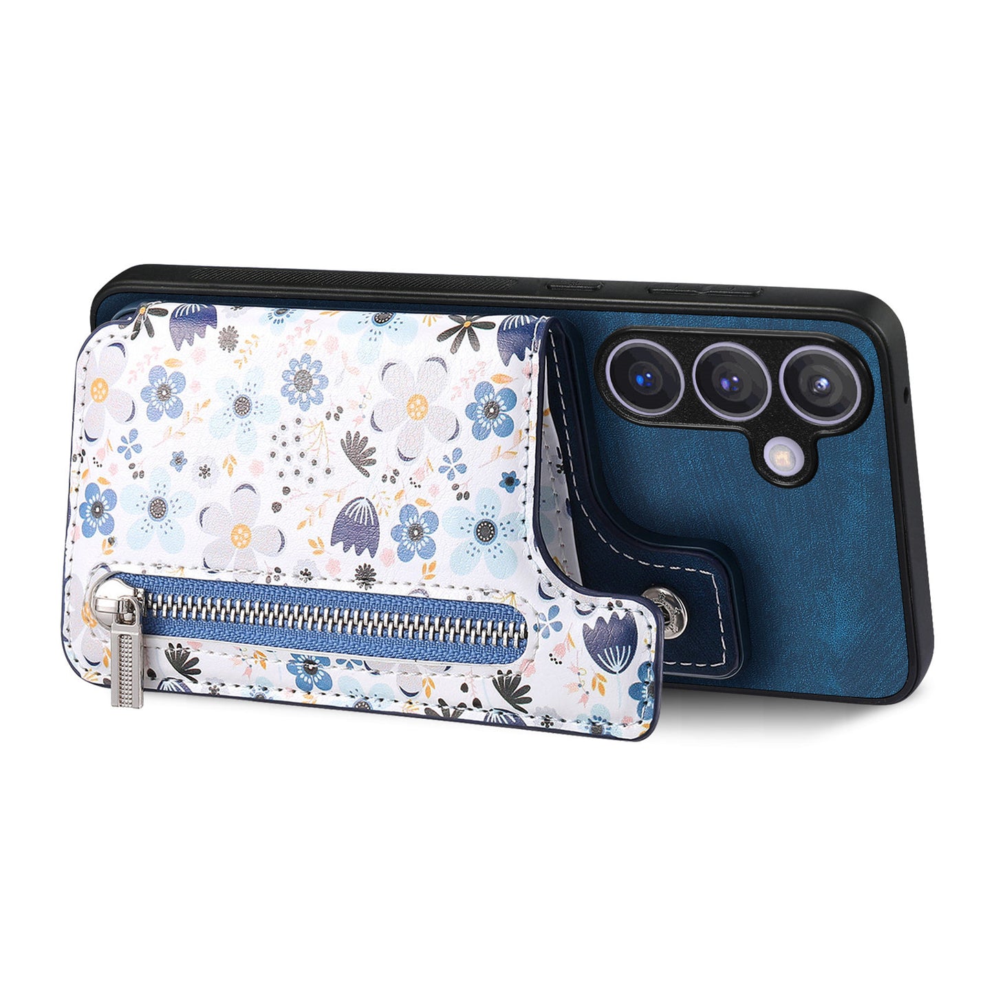 D10 For Samsung Galaxy S24+ Cell Phone Case Pattern Printing Card Bag Zipper Wallet Cover - Blue