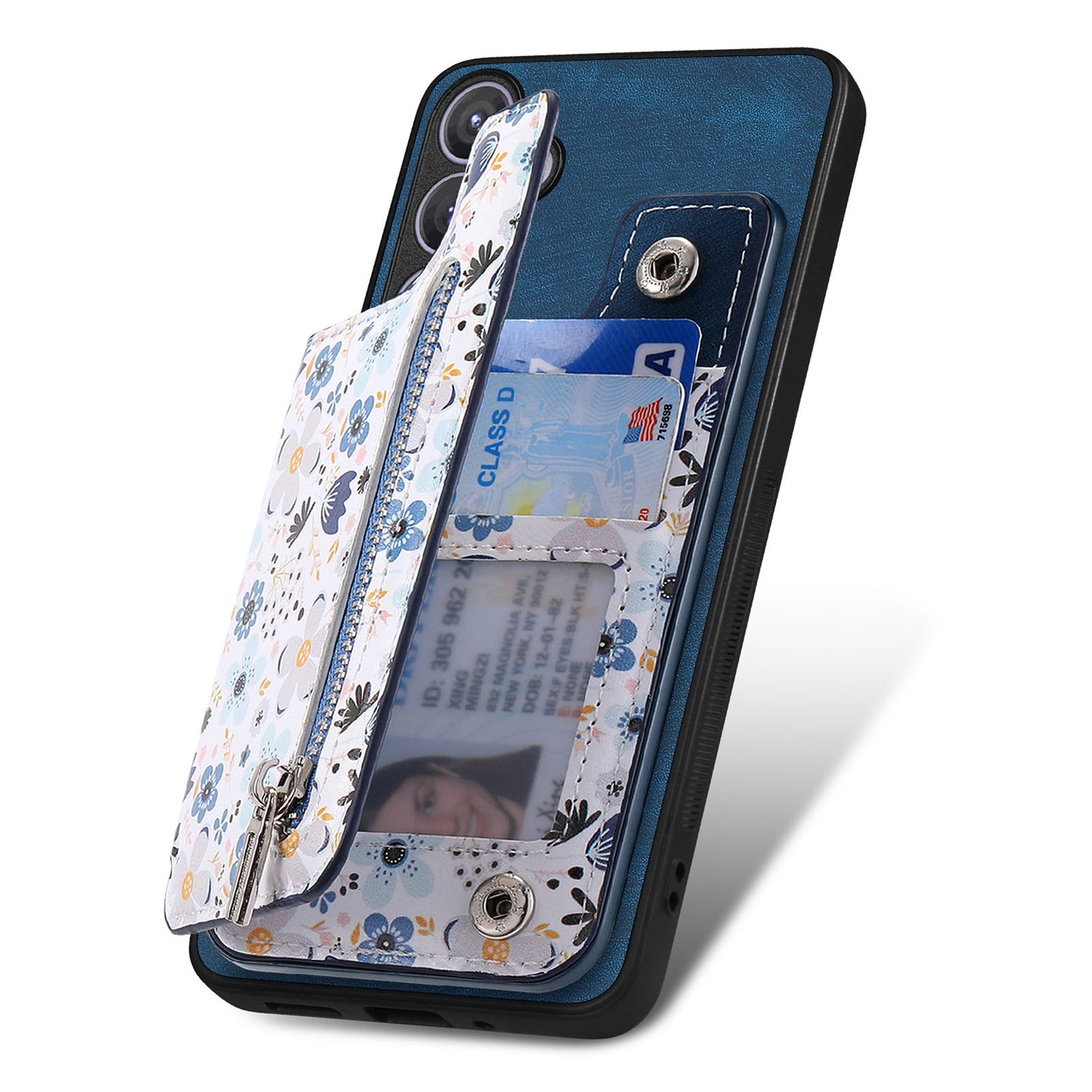 D10 For Samsung Galaxy S24+ Cell Phone Case Pattern Printing Card Bag Zipper Wallet Cover - Blue