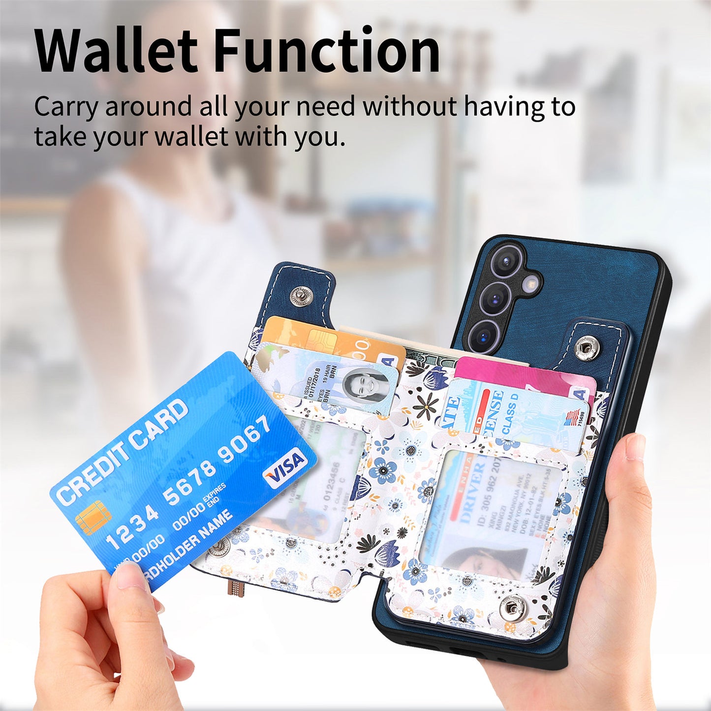 D10 For Samsung Galaxy S24+ Cell Phone Case Pattern Printing Card Bag Zipper Wallet Cover - Blue