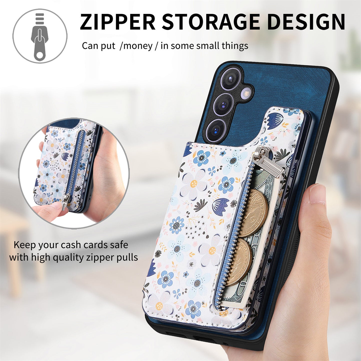 D10 For Samsung Galaxy S24+ Cell Phone Case Pattern Printing Card Bag Zipper Wallet Cover - Blue