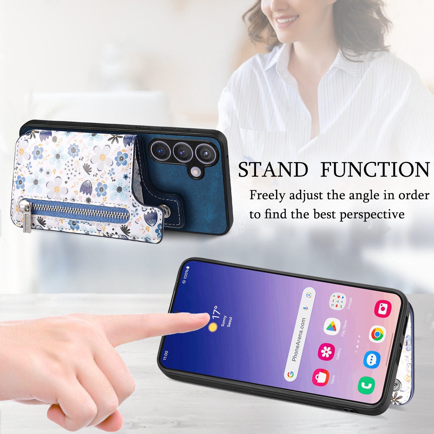 D10 For Samsung Galaxy S24+ Cell Phone Case Pattern Printing Card Bag Zipper Wallet Cover - Blue