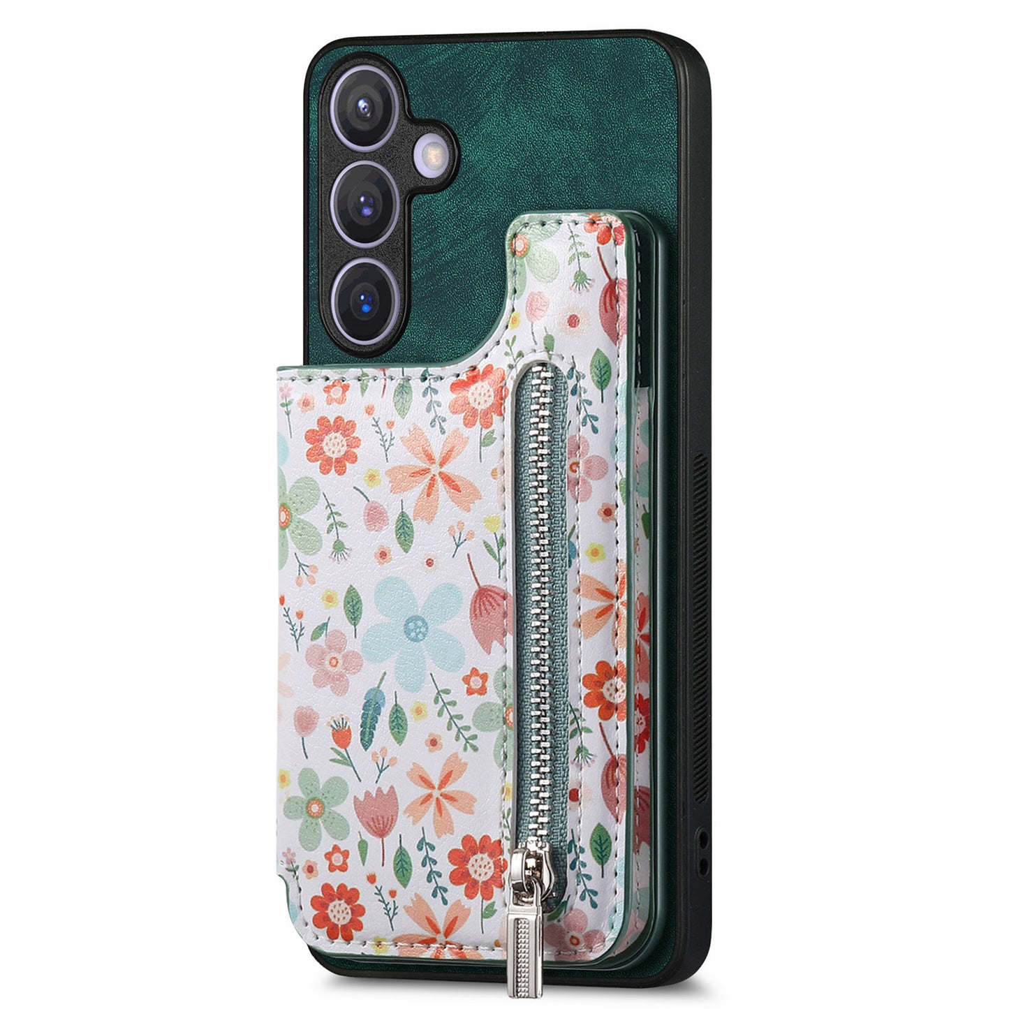 D10 For Samsung Galaxy S24+ Cell Phone Case Pattern Printing Card Bag Zipper Wallet Cover - Green