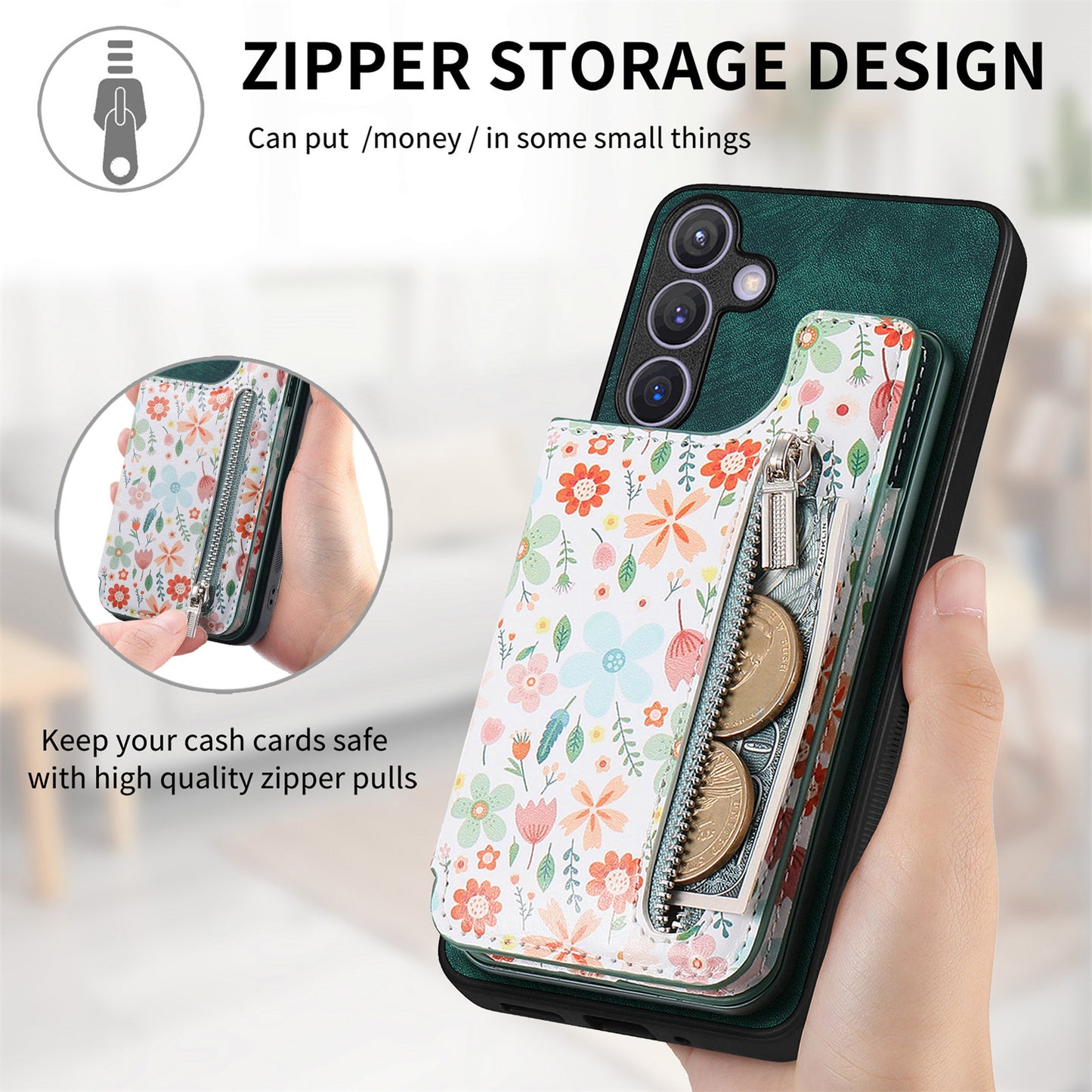 D10 For Samsung Galaxy S24+ Cell Phone Case Pattern Printing Card Bag Zipper Wallet Cover - Green