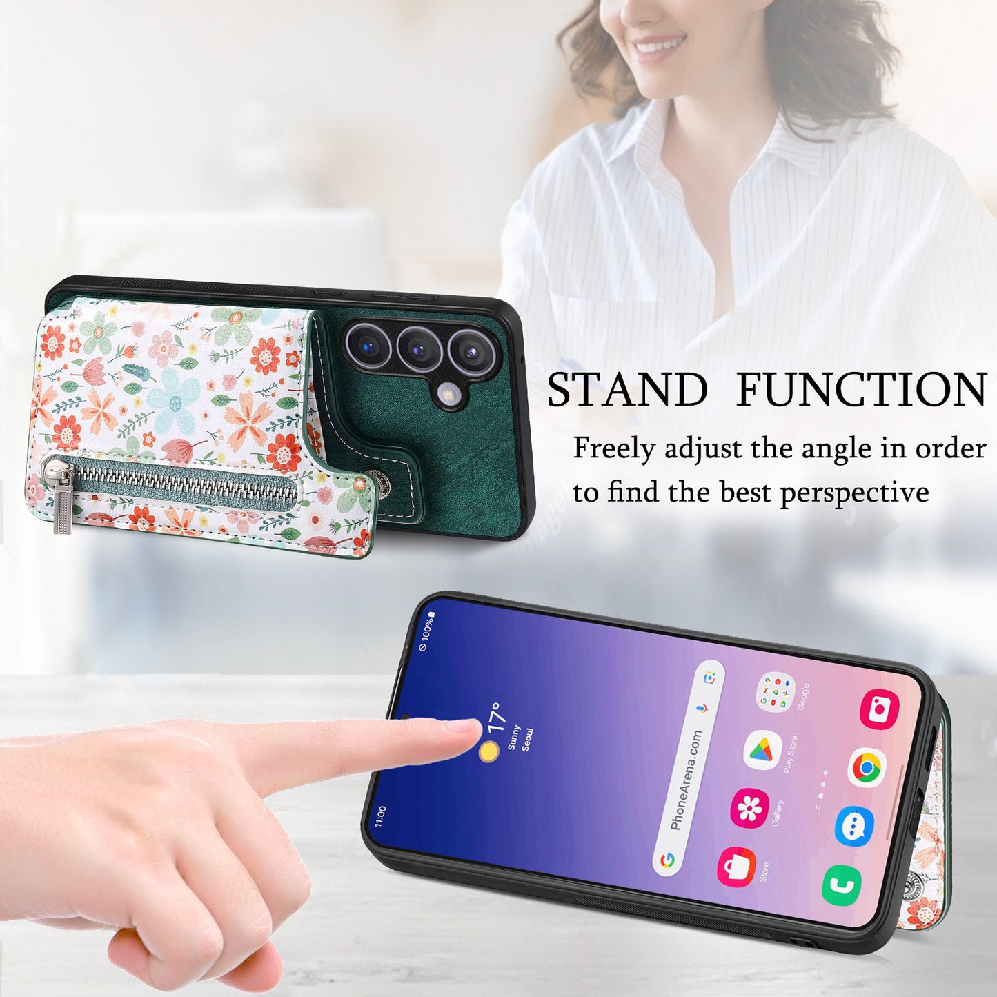 D10 For Samsung Galaxy S24+ Cell Phone Case Pattern Printing Card Bag Zipper Wallet Cover - Green