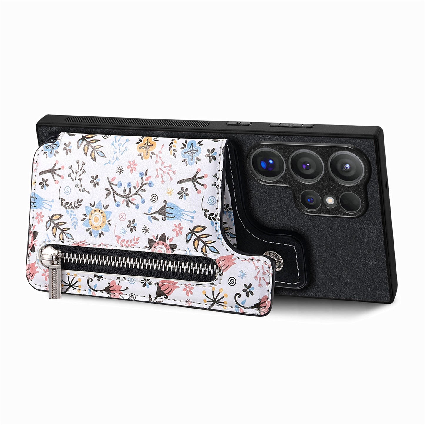 D10 For Samsung Galaxy S24 Ultra Cell Phone Case Pattern Printed Card Bag TPU+Leather Back Cover - Black