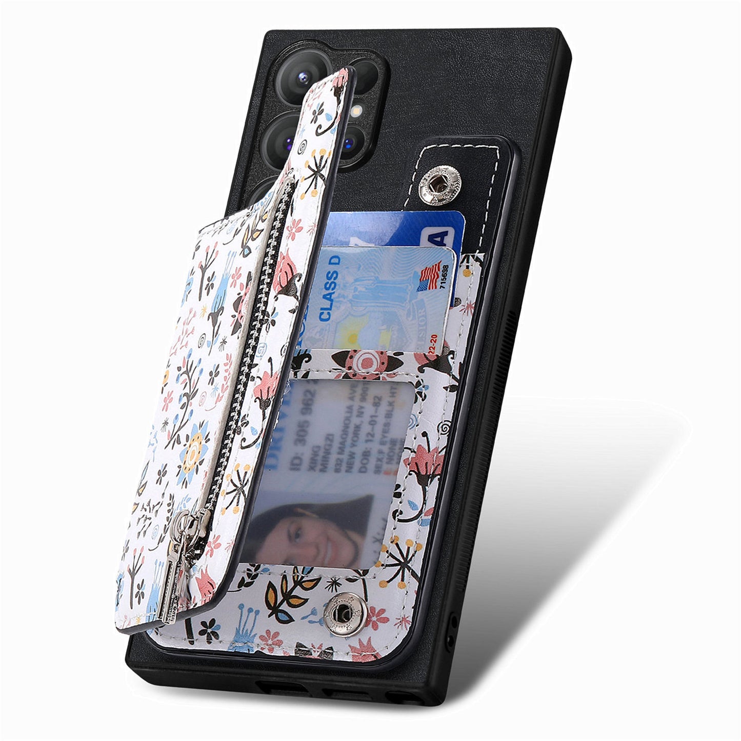 D10 For Samsung Galaxy S24 Ultra Cell Phone Case Pattern Printed Card Bag TPU+Leather Back Cover - Black