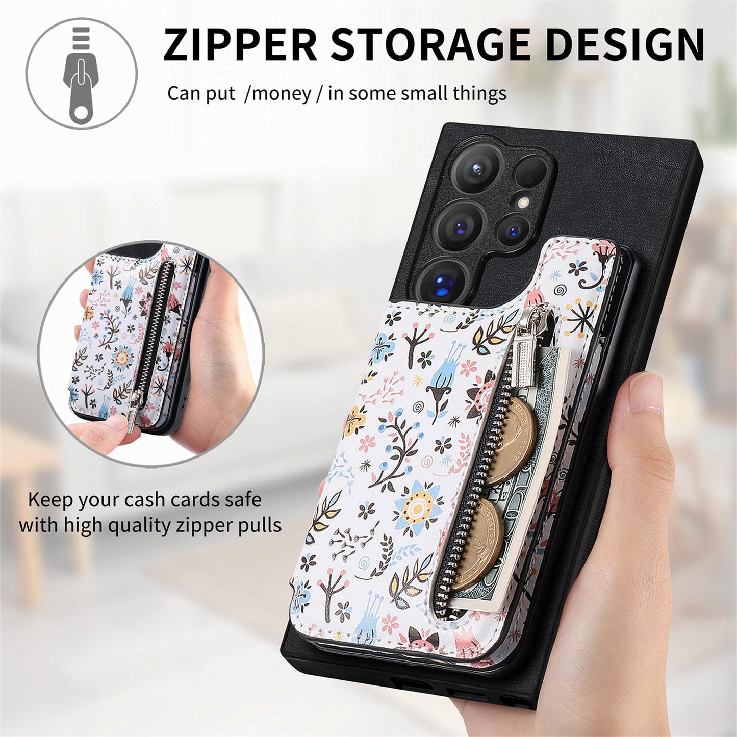 D10 For Samsung Galaxy S24 Ultra Cell Phone Case Pattern Printed Card Bag TPU+Leather Back Cover - Black