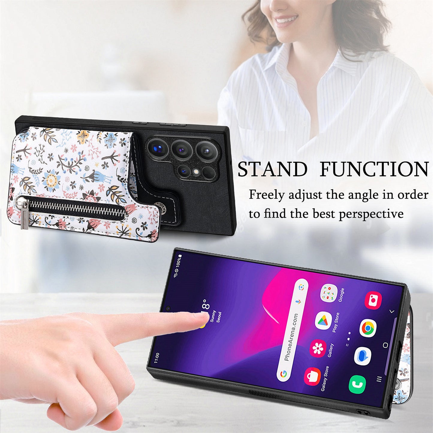 D10 For Samsung Galaxy S24 Ultra Cell Phone Case Pattern Printed Card Bag TPU+Leather Back Cover - Black