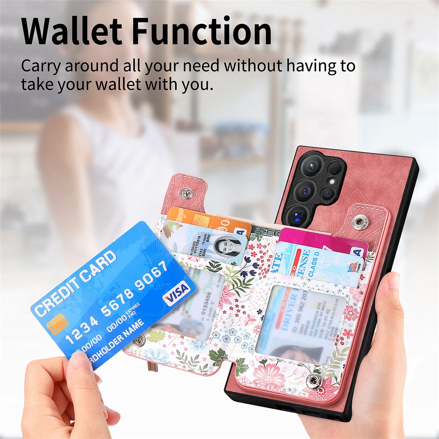 D10 For Samsung Galaxy S24 Ultra Cell Phone Case Pattern Printed Card Bag TPU+Leather Back Cover - Pink