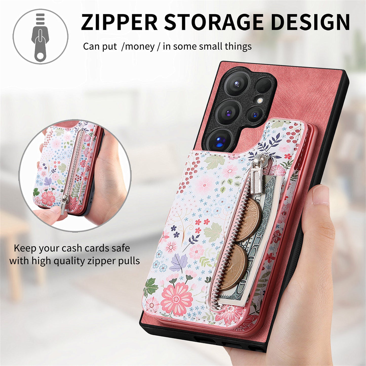 D10 For Samsung Galaxy S24 Ultra Cell Phone Case Pattern Printed Card Bag TPU+Leather Back Cover - Pink