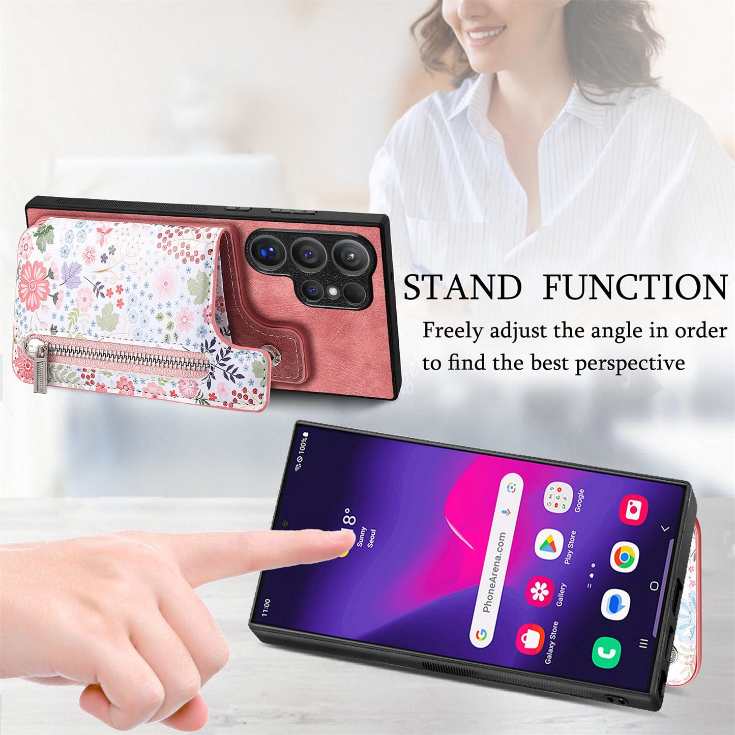 D10 For Samsung Galaxy S24 Ultra Cell Phone Case Pattern Printed Card Bag TPU+Leather Back Cover - Pink