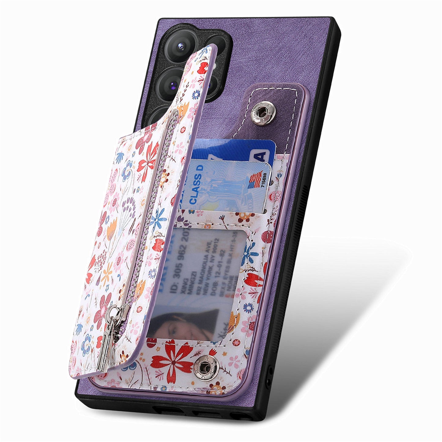 D10 For Samsung Galaxy S24 Ultra Cell Phone Case Pattern Printed Card Bag TPU+Leather Back Cover - Purple