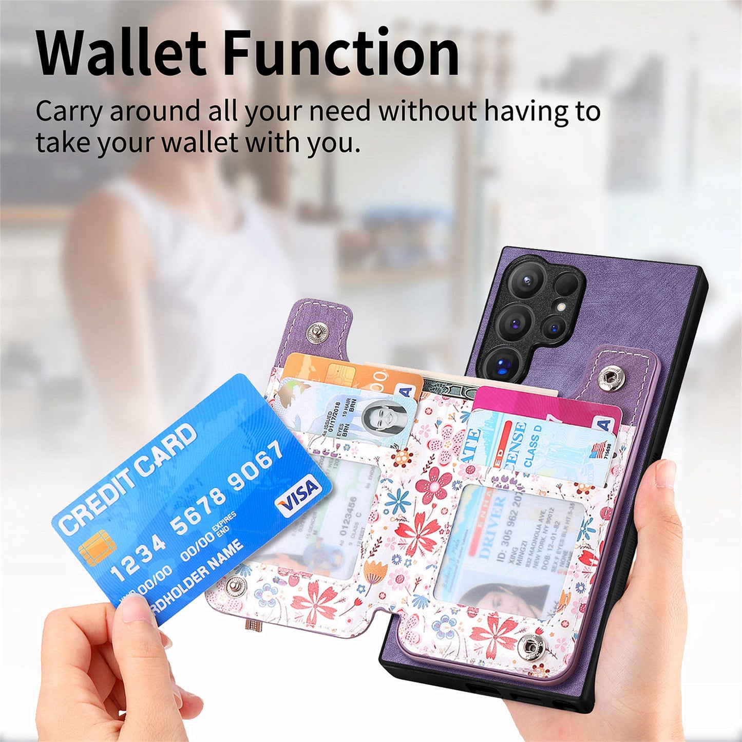 D10 For Samsung Galaxy S24 Ultra Cell Phone Case Pattern Printed Card Bag TPU+Leather Back Cover - Purple
