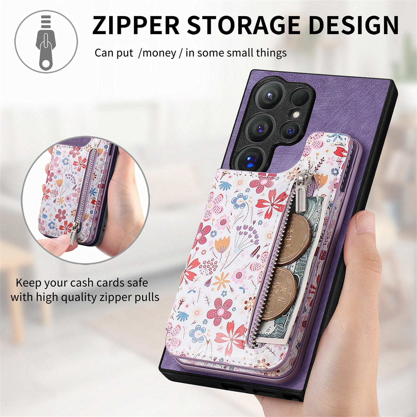 D10 For Samsung Galaxy S24 Ultra Cell Phone Case Pattern Printed Card Bag TPU+Leather Back Cover - Purple