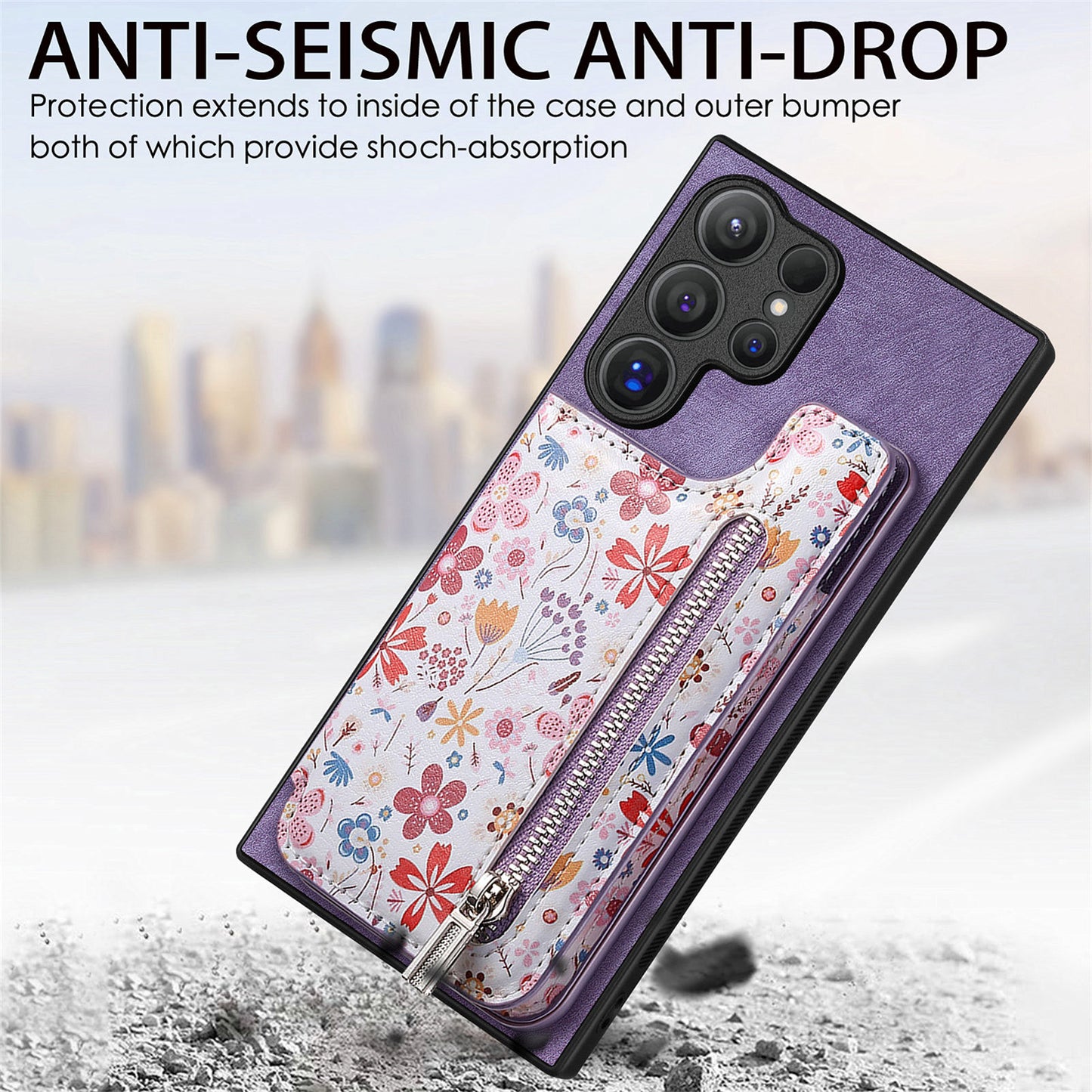 D10 For Samsung Galaxy S24 Ultra Cell Phone Case Pattern Printed Card Bag TPU+Leather Back Cover - Purple