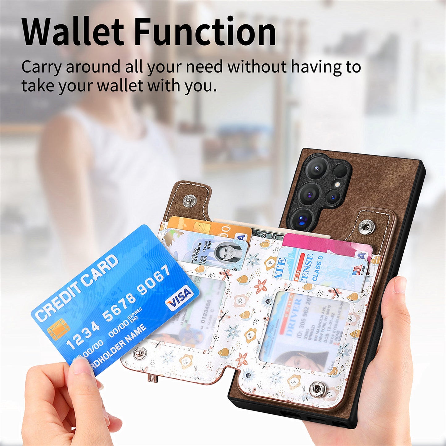 D10 For Samsung Galaxy S24 Ultra Cell Phone Case Pattern Printed Card Bag TPU+Leather Back Cover - Brown