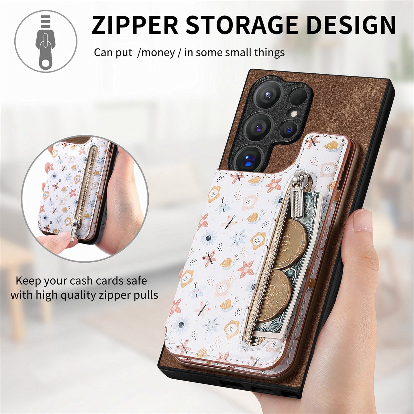 D10 For Samsung Galaxy S24 Ultra Cell Phone Case Pattern Printed Card Bag TPU+Leather Back Cover - Brown