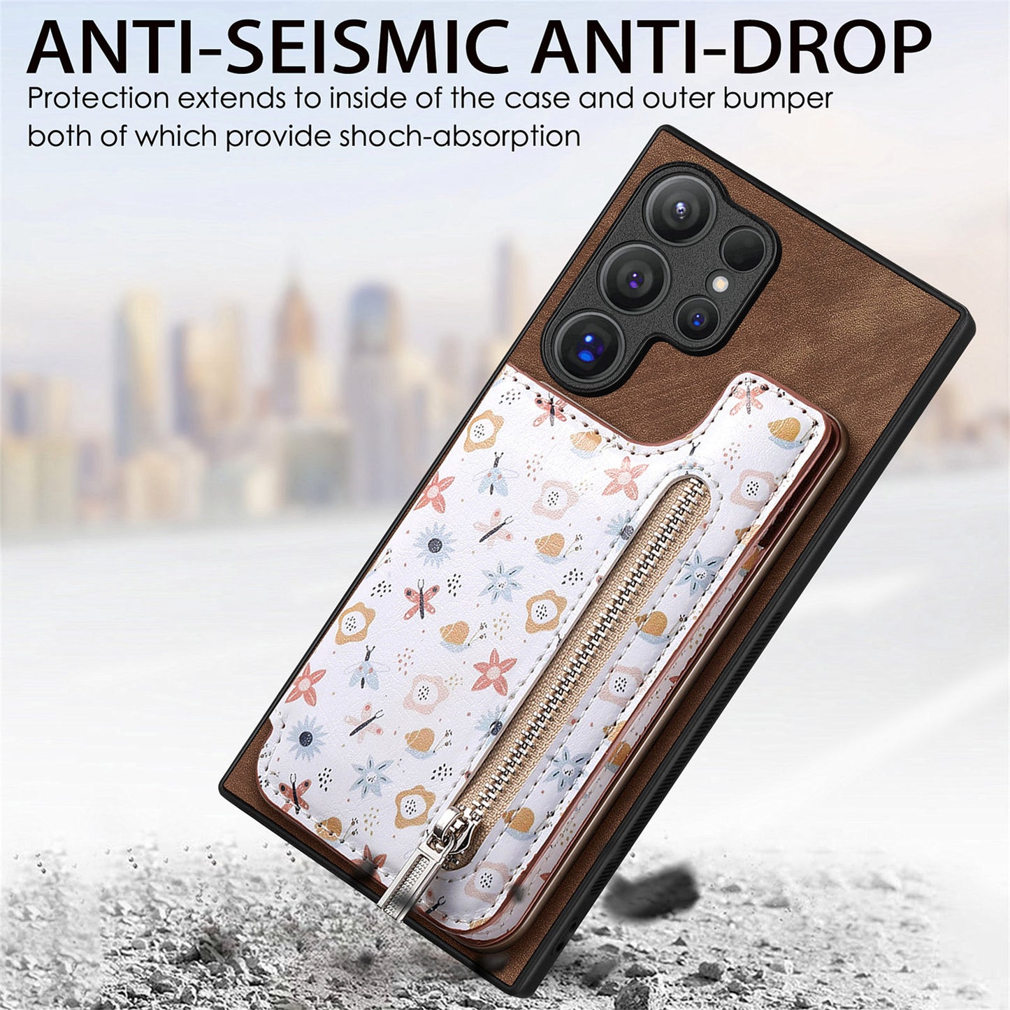 D10 For Samsung Galaxy S24 Ultra Cell Phone Case Pattern Printed Card Bag TPU+Leather Back Cover - Brown