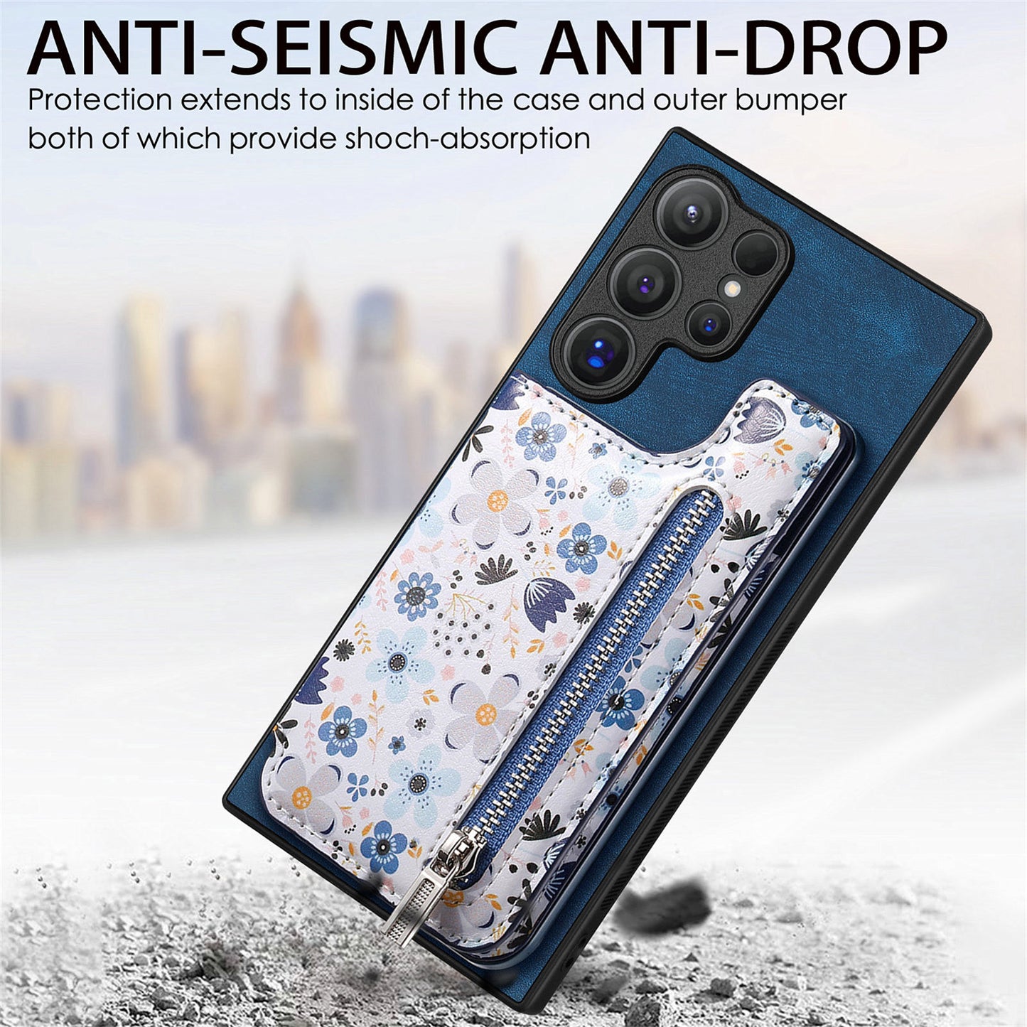D10 For Samsung Galaxy S24 Ultra Cell Phone Case Pattern Printed Card Bag TPU+Leather Back Cover - Blue