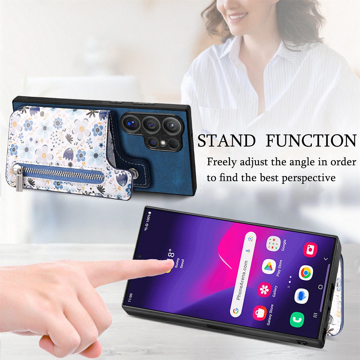 D10 For Samsung Galaxy S24 Ultra Cell Phone Case Pattern Printed Card Bag TPU+Leather Back Cover - Blue