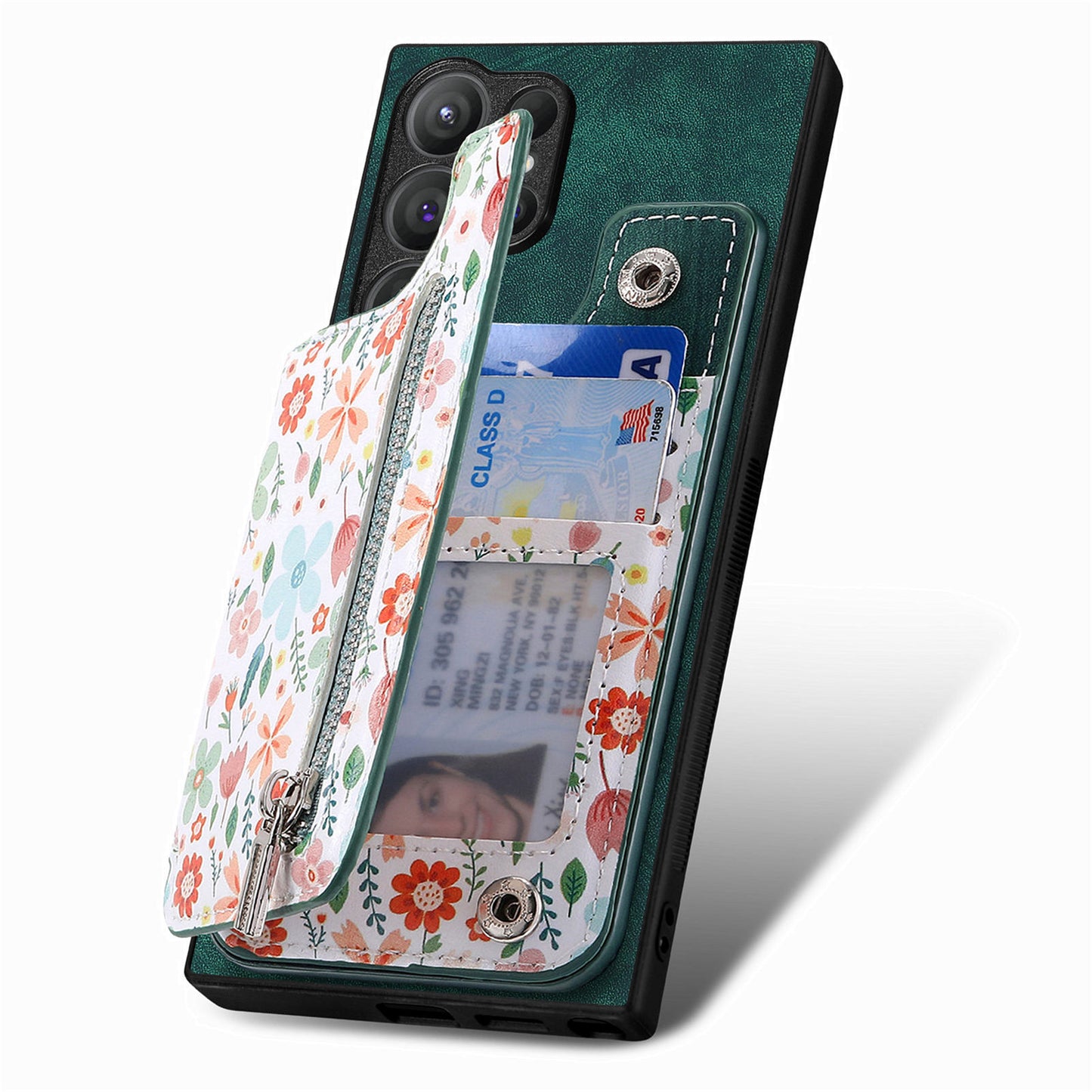 D10 For Samsung Galaxy S24 Ultra Cell Phone Case Pattern Printed Card Bag TPU+Leather Back Cover - Green