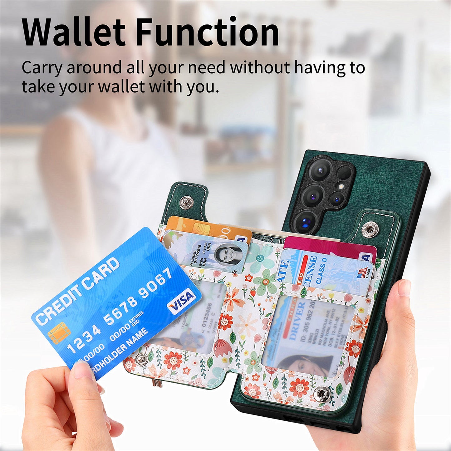 D10 For Samsung Galaxy S24 Ultra Cell Phone Case Pattern Printed Card Bag TPU+Leather Back Cover - Green