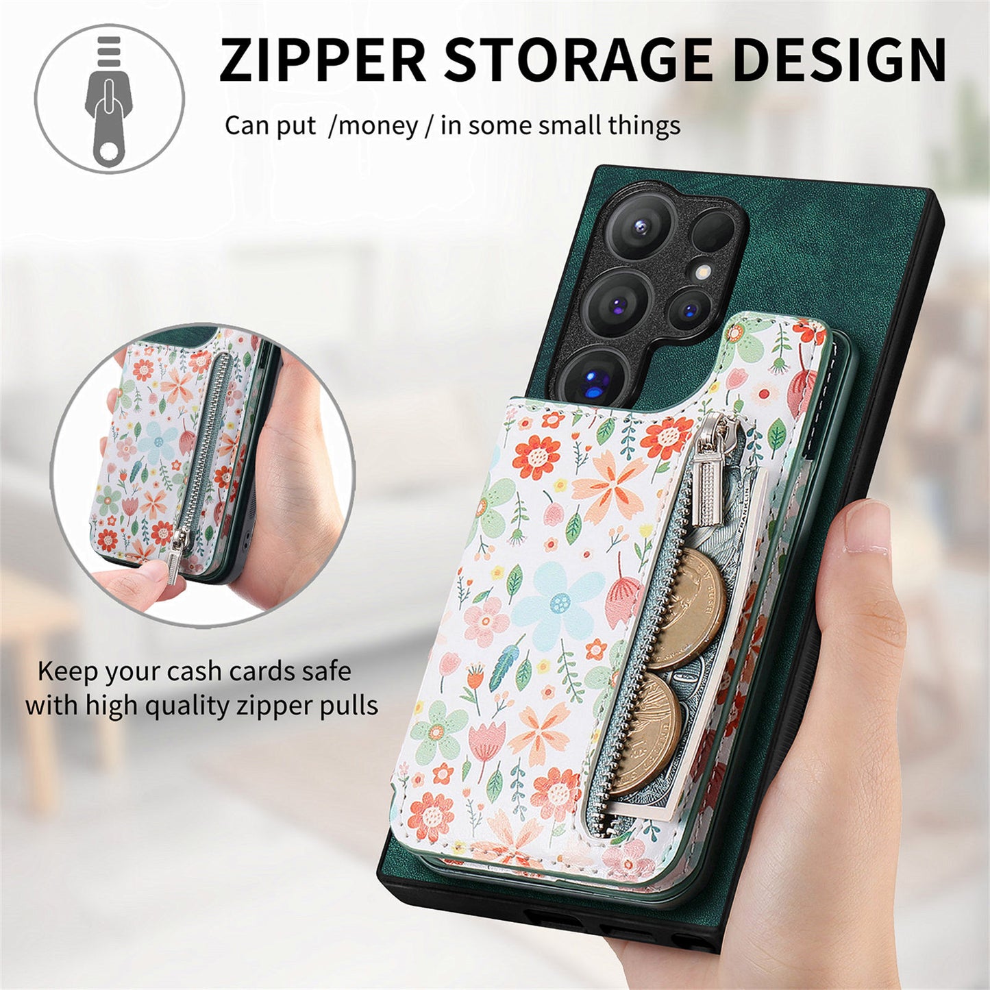 D10 For Samsung Galaxy S24 Ultra Cell Phone Case Pattern Printed Card Bag TPU+Leather Back Cover - Green
