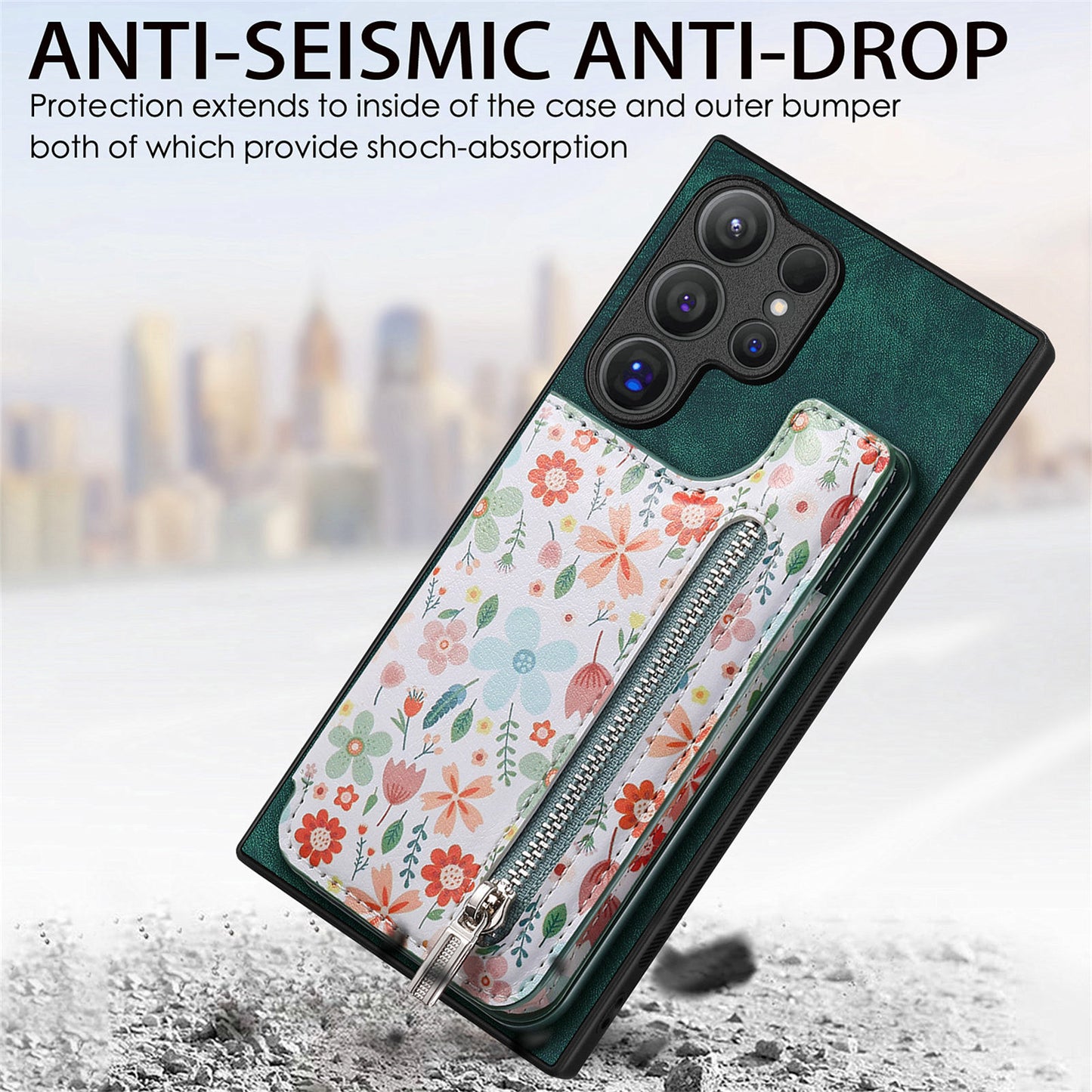 D10 For Samsung Galaxy S24 Ultra Cell Phone Case Pattern Printed Card Bag TPU+Leather Back Cover - Green
