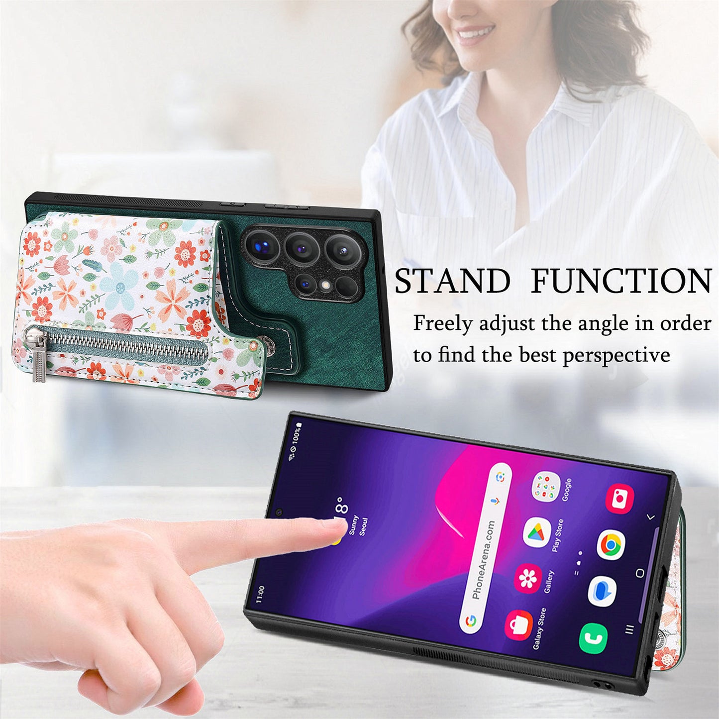 D10 For Samsung Galaxy S24 Ultra Cell Phone Case Pattern Printed Card Bag TPU+Leather Back Cover - Green