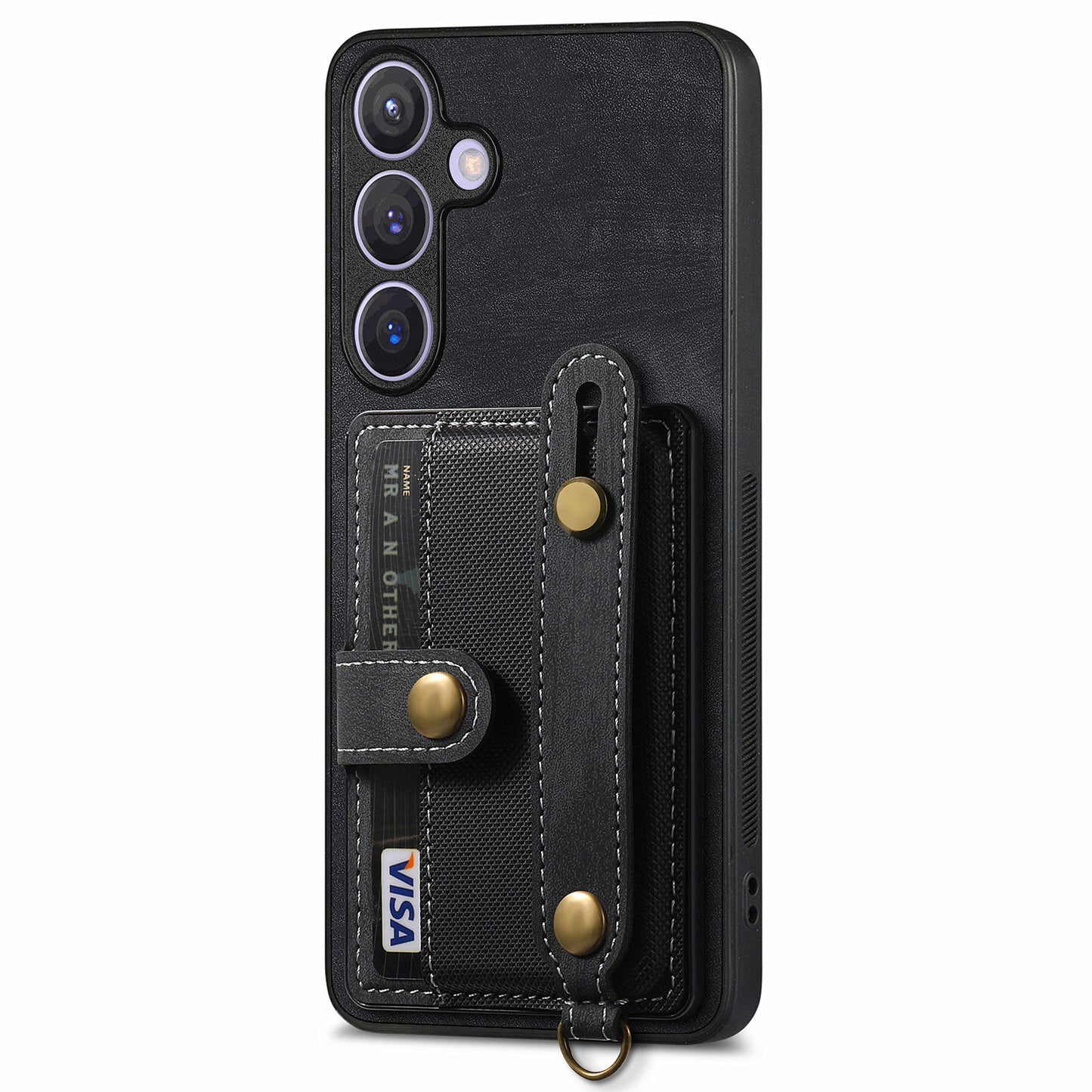 For Samsung Galaxy S24+ Case Cross Texture Leather Back Cover with Card Slot Wristband Kickstand - Black