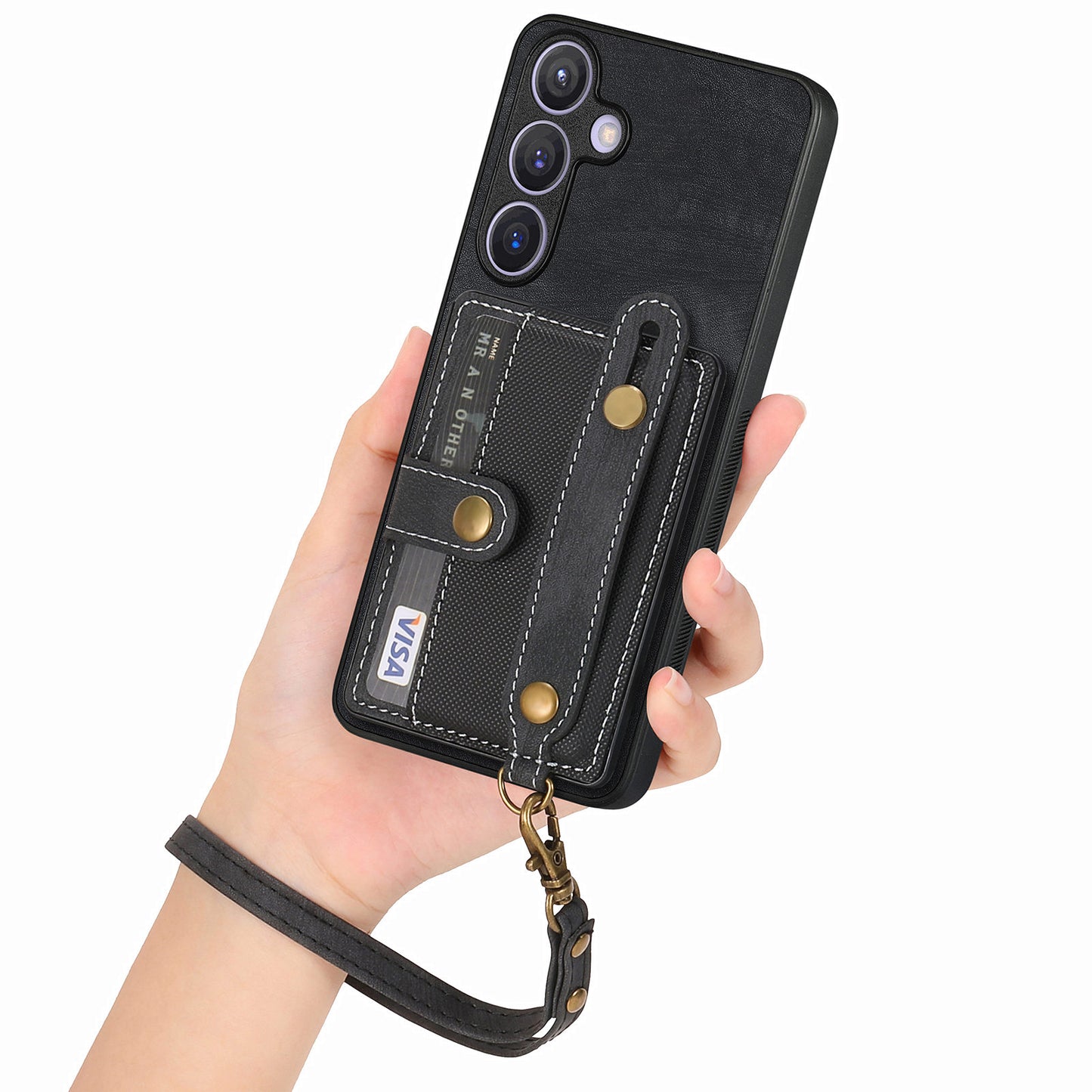 For Samsung Galaxy S24+ Case Cross Texture Leather Back Cover with Card Slot Wristband Kickstand - Black