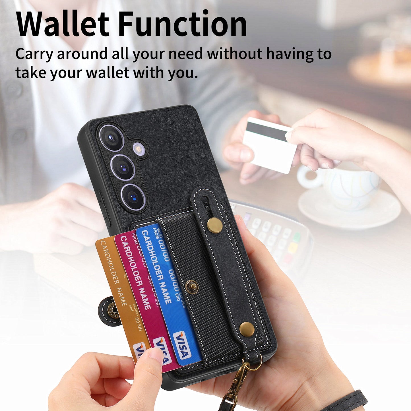 For Samsung Galaxy S24+ Case Cross Texture Leather Back Cover with Card Slot Wristband Kickstand - Black