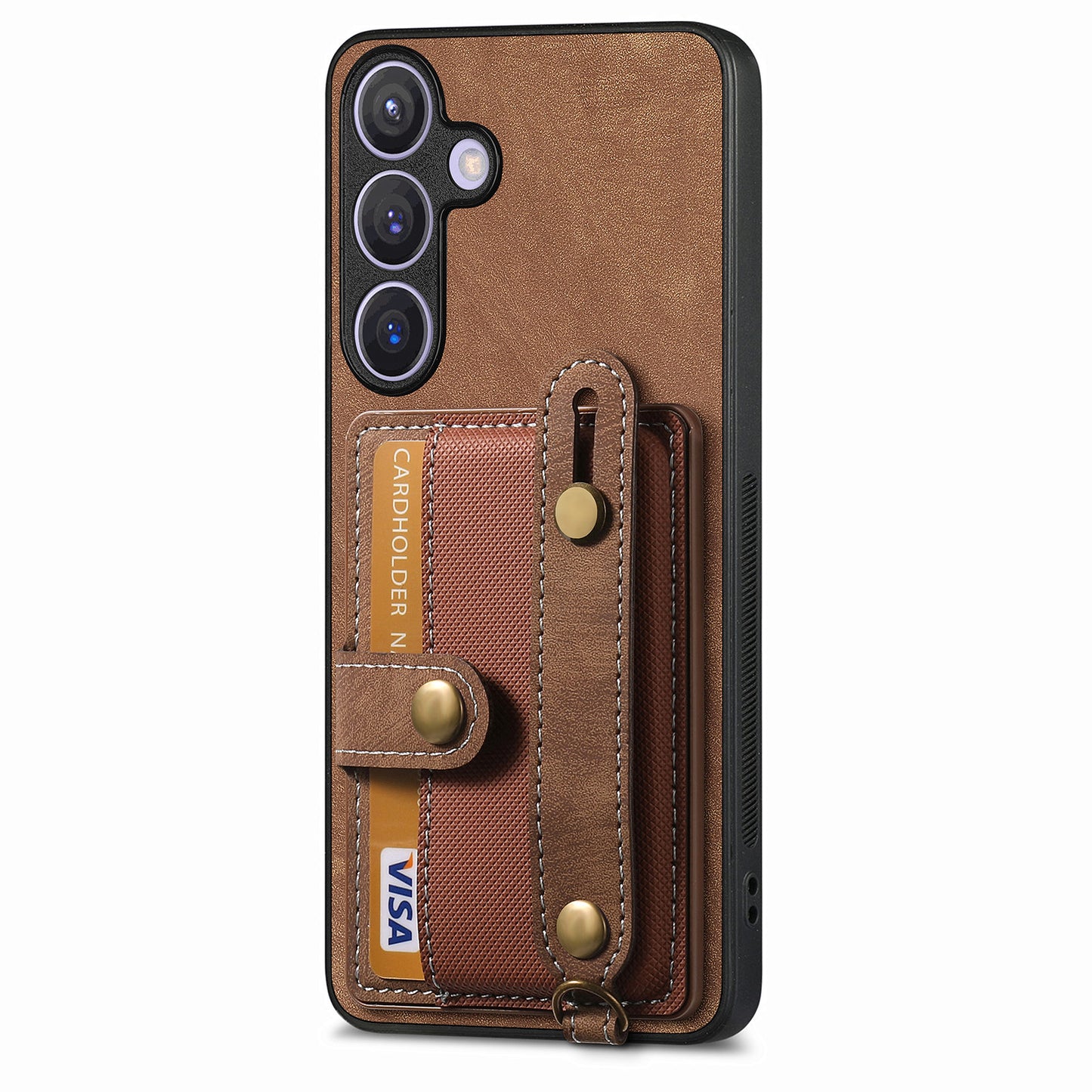 For Samsung Galaxy S24+ Case Cross Texture Leather Back Cover with Card Slot Wristband Kickstand - Brown