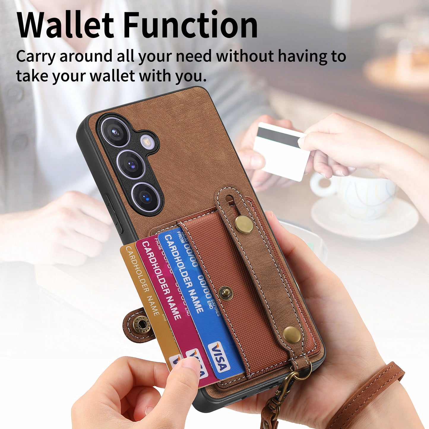 For Samsung Galaxy S24+ Case Cross Texture Leather Back Cover with Card Slot Wristband Kickstand - Brown