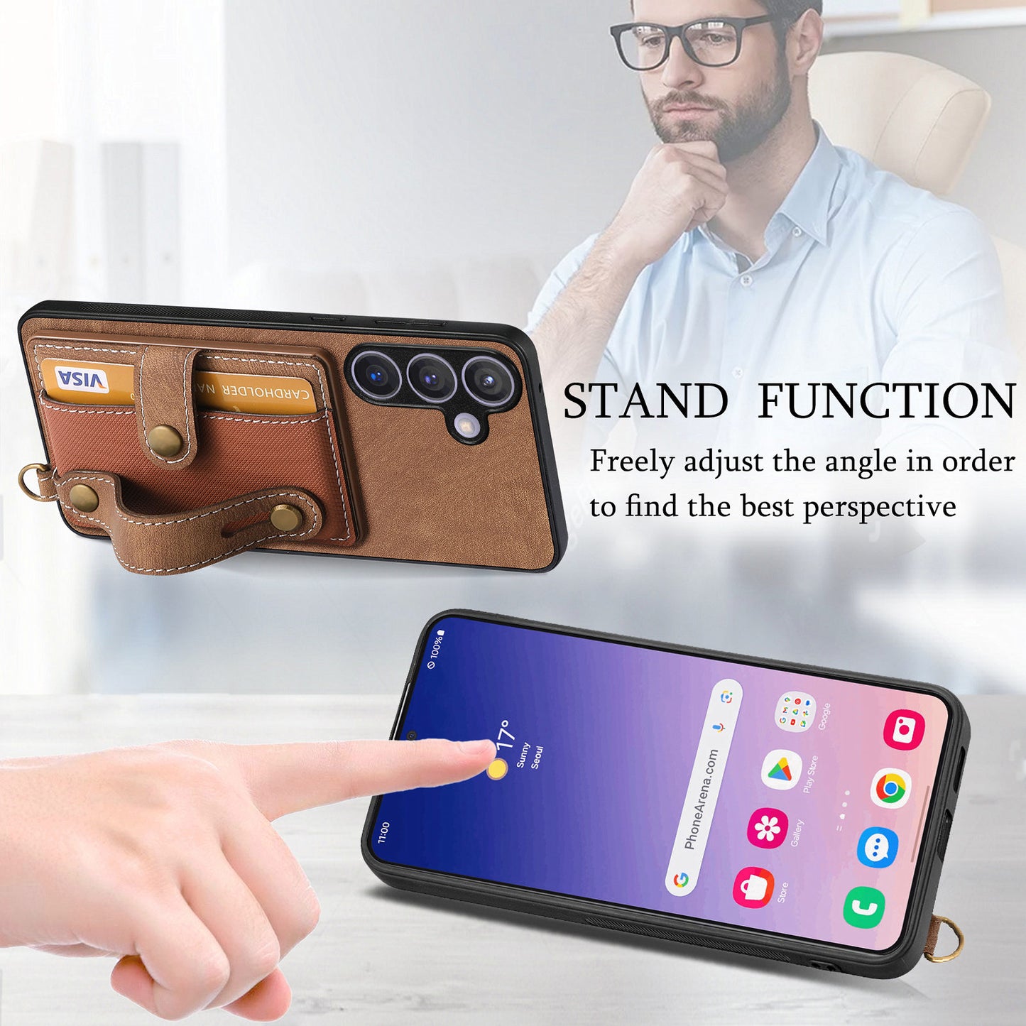 For Samsung Galaxy S24+ Case Cross Texture Leather Back Cover with Card Slot Wristband Kickstand - Brown