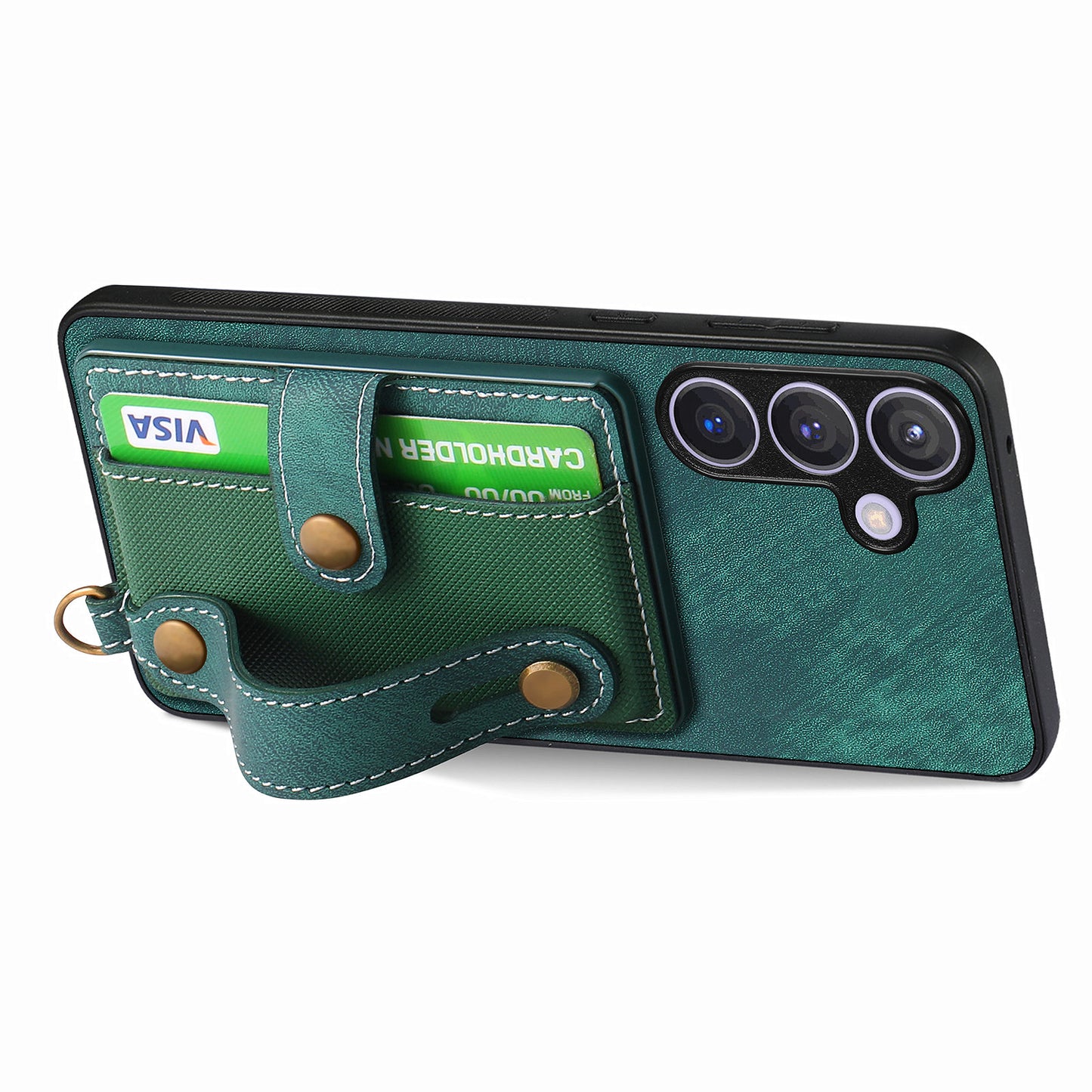 For Samsung Galaxy S24+ Case Cross Texture Leather Back Cover with Card Slot Wristband Kickstand - Green