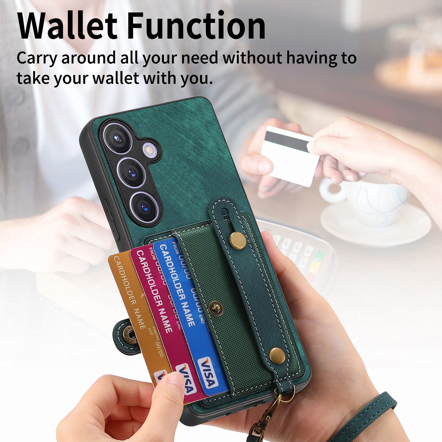 For Samsung Galaxy S24+ Case Cross Texture Leather Back Cover with Card Slot Wristband Kickstand - Green