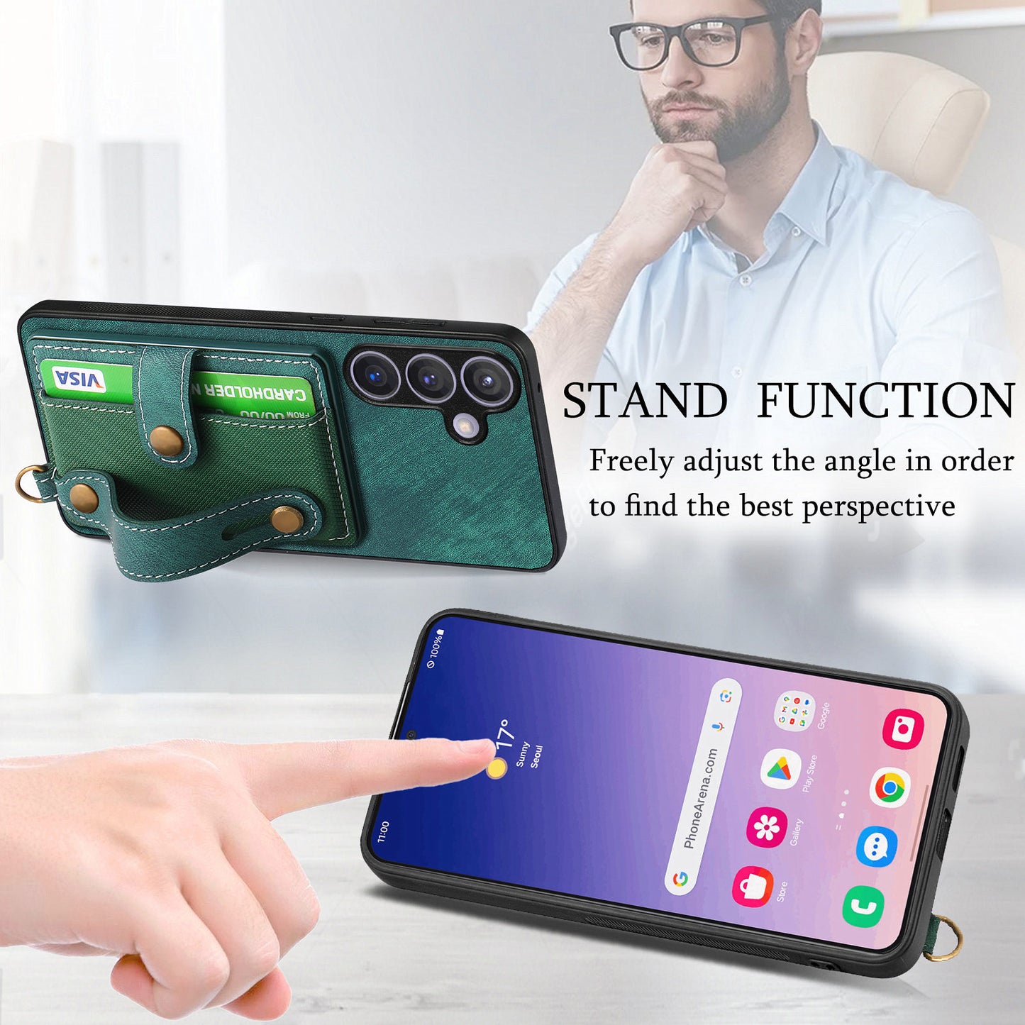 For Samsung Galaxy S24+ Case Cross Texture Leather Back Cover with Card Slot Wristband Kickstand - Green