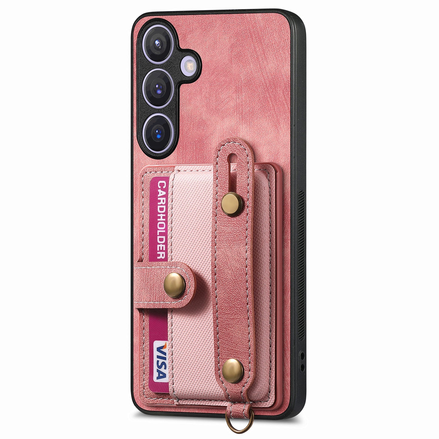 For Samsung Galaxy S24+ Case Cross Texture Leather Back Cover with Card Slot Wristband Kickstand - Rose Pink