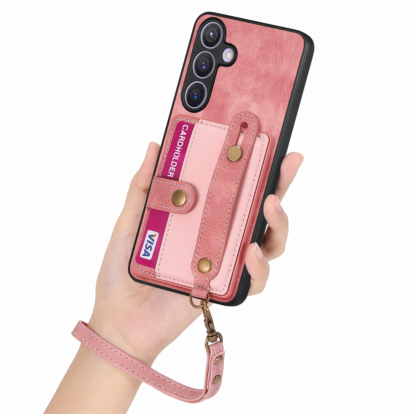 For Samsung Galaxy S24+ Case Cross Texture Leather Back Cover with Card Slot Wristband Kickstand - Rose Pink