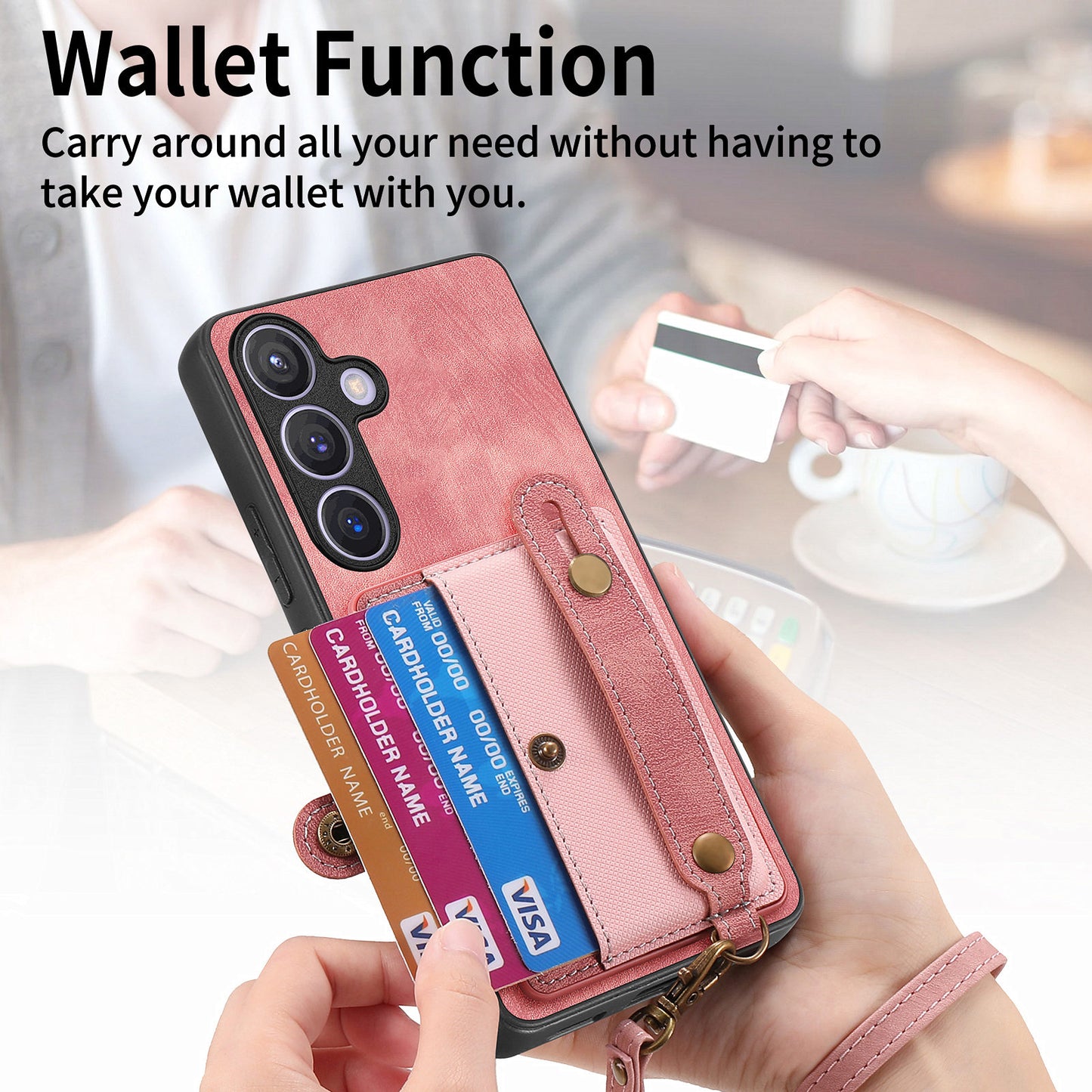 For Samsung Galaxy S24+ Case Cross Texture Leather Back Cover with Card Slot Wristband Kickstand - Rose Pink
