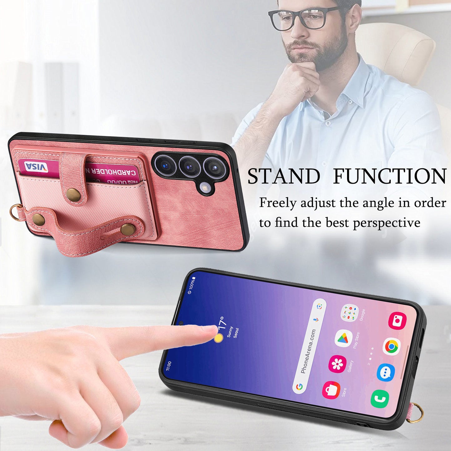 For Samsung Galaxy S24+ Case Cross Texture Leather Back Cover with Card Slot Wristband Kickstand - Rose Pink