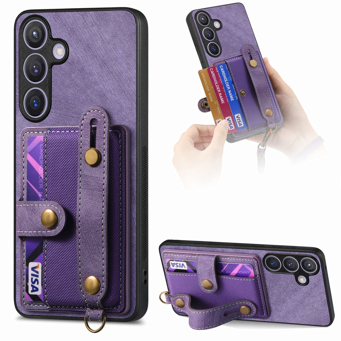 For Samsung Galaxy S24+ Case Cross Texture Leather Back Cover with Card Slot Wristband Kickstand - Purple