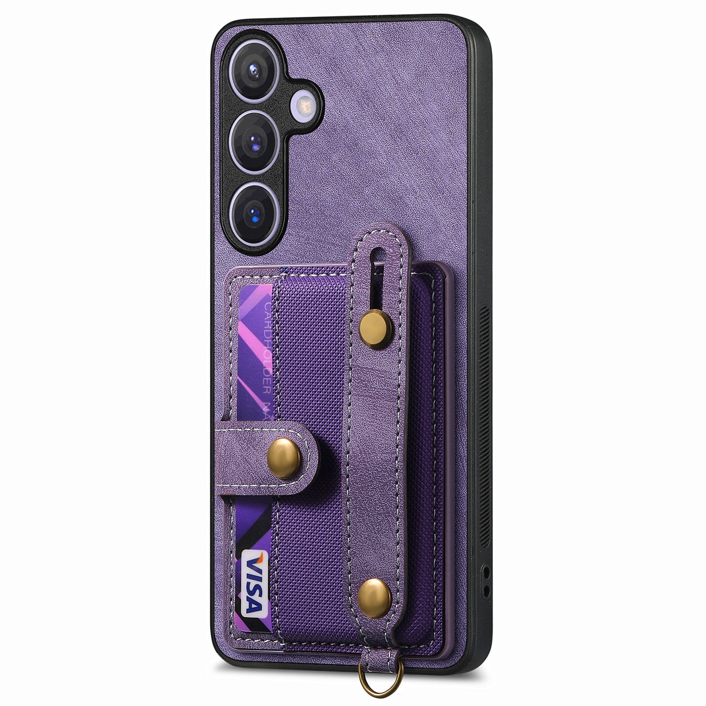 For Samsung Galaxy S24+ Case Cross Texture Leather Back Cover with Card Slot Wristband Kickstand - Purple