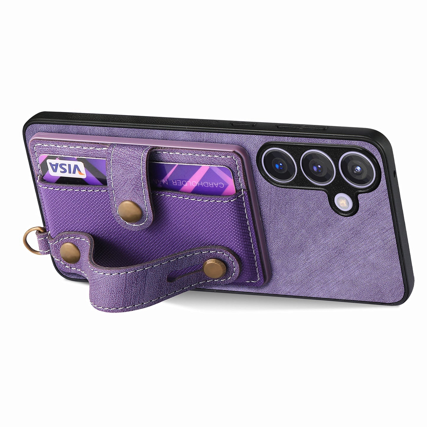 For Samsung Galaxy S24+ Case Cross Texture Leather Back Cover with Card Slot Wristband Kickstand - Purple