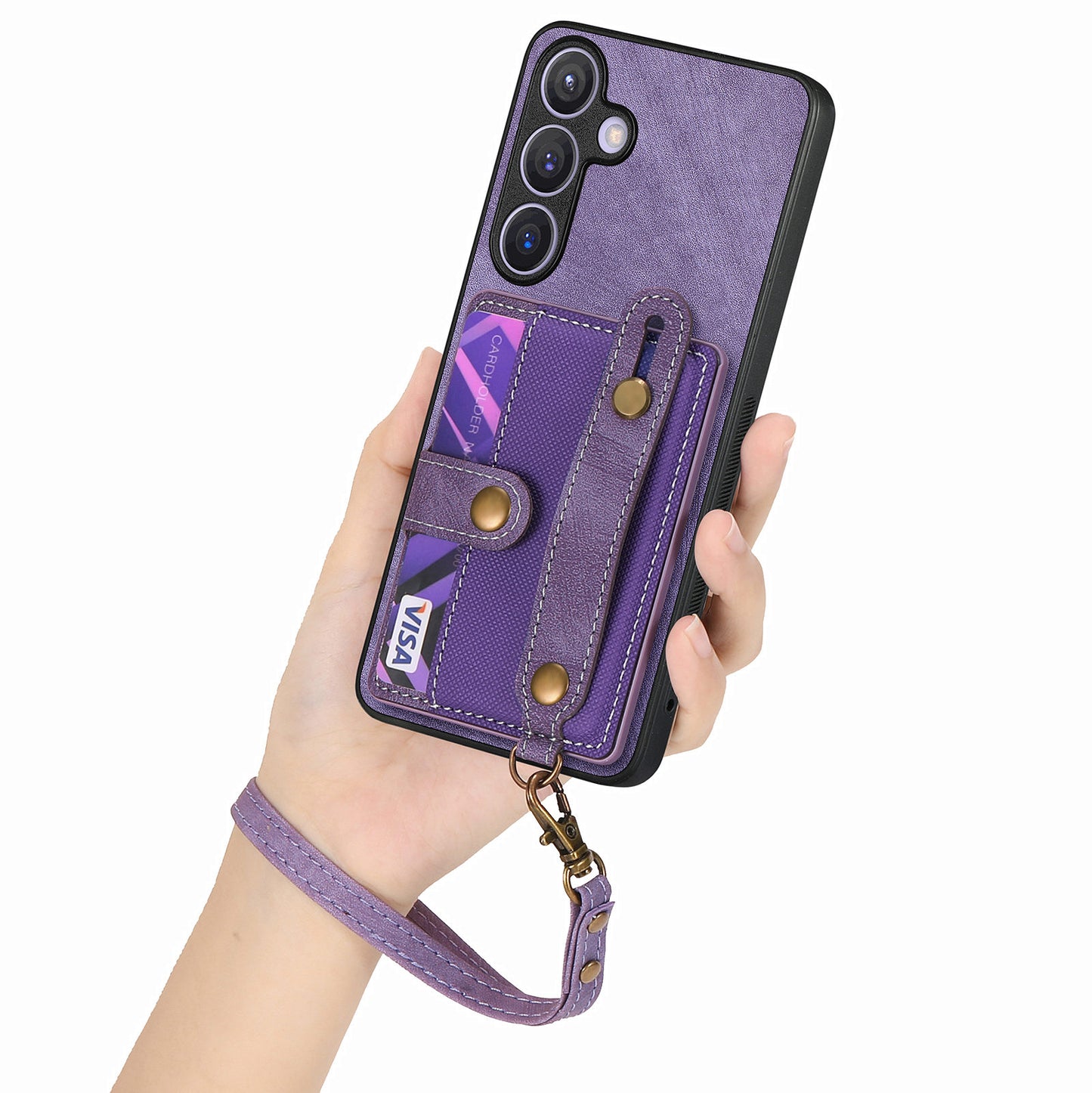 For Samsung Galaxy S24+ Case Cross Texture Leather Back Cover with Card Slot Wristband Kickstand - Purple