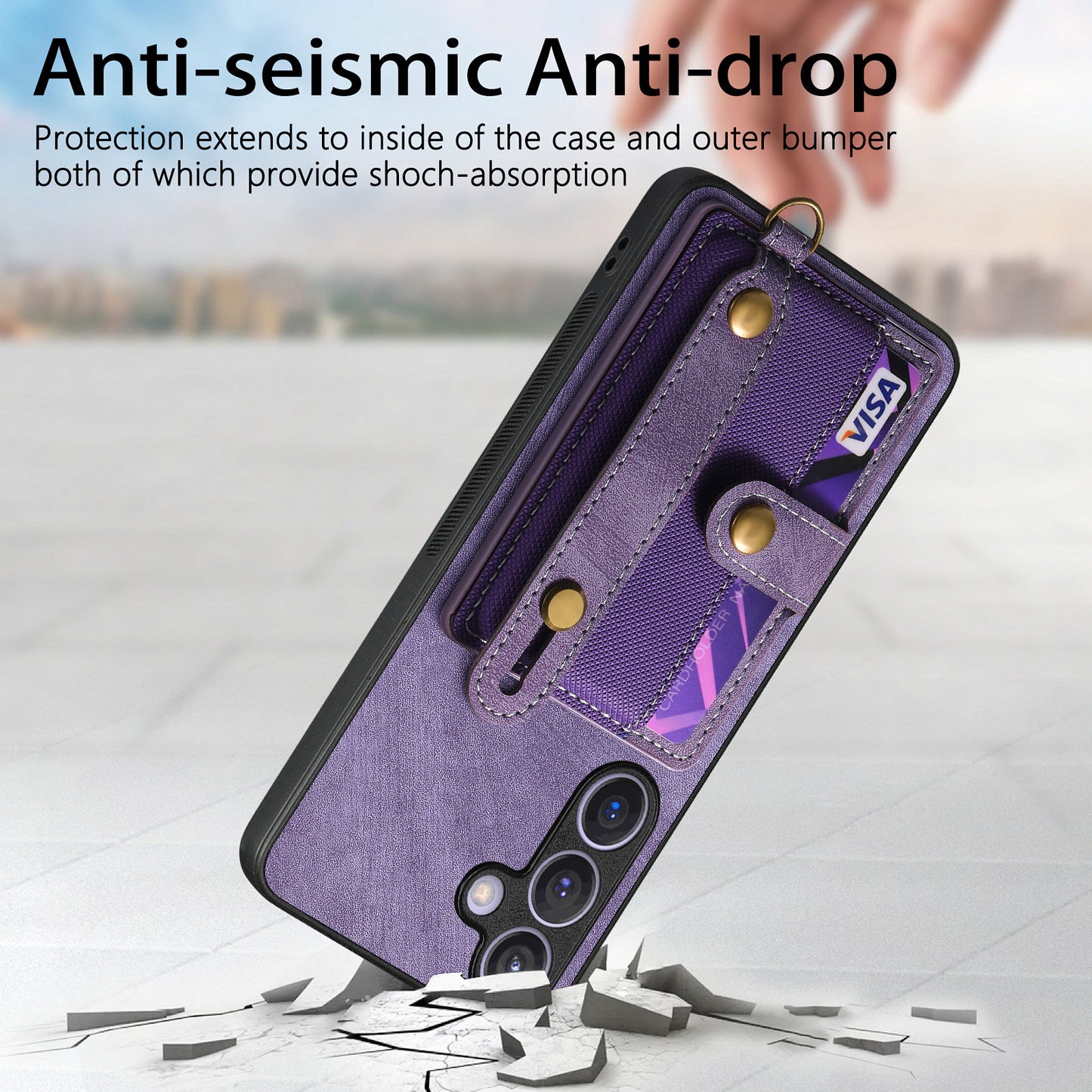 For Samsung Galaxy S24+ Case Cross Texture Leather Back Cover with Card Slot Wristband Kickstand - Purple
